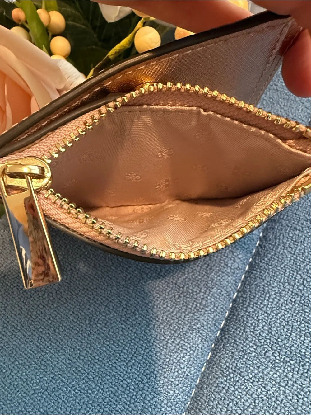 Tory Burch Metallic Rose Gold Compact Zip Wallet